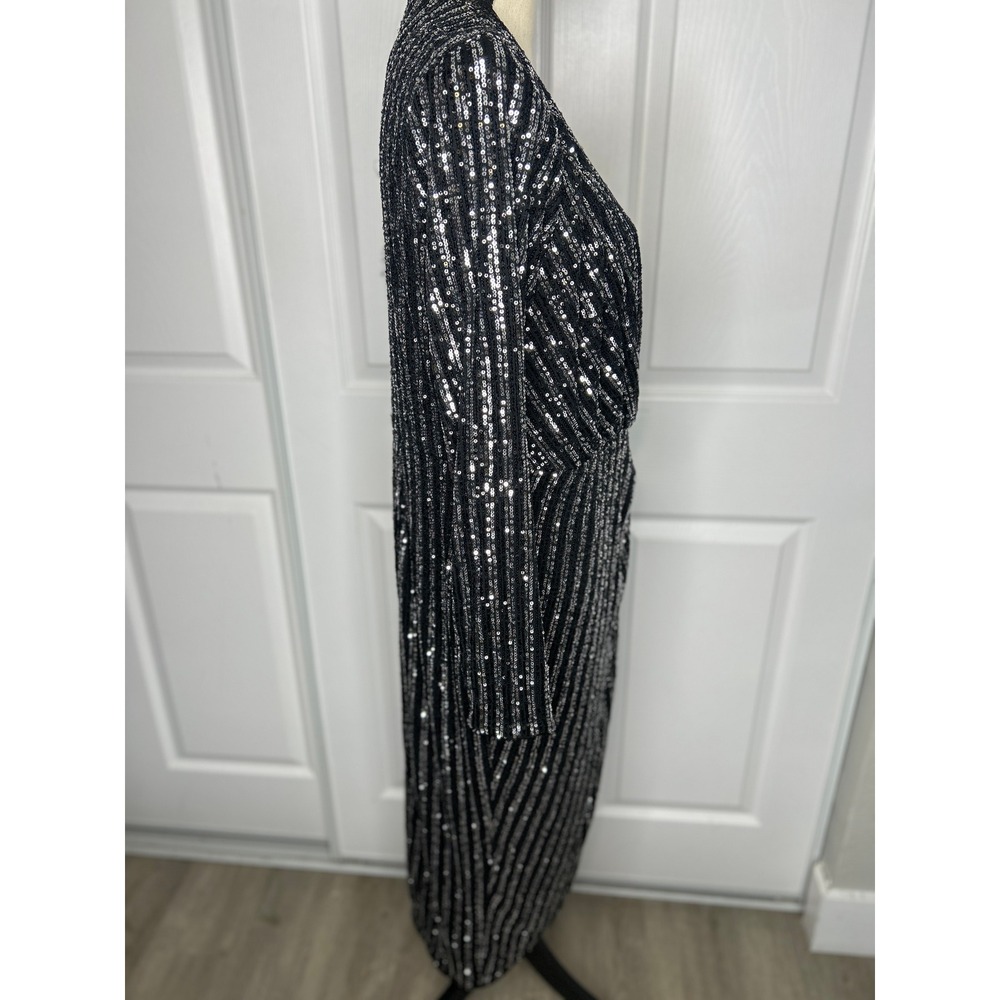 Baltic Born 1X Black Silver Sequin Faux Wrap Midi Dress Long Sleeve DM2349 - Picture 3 of 7